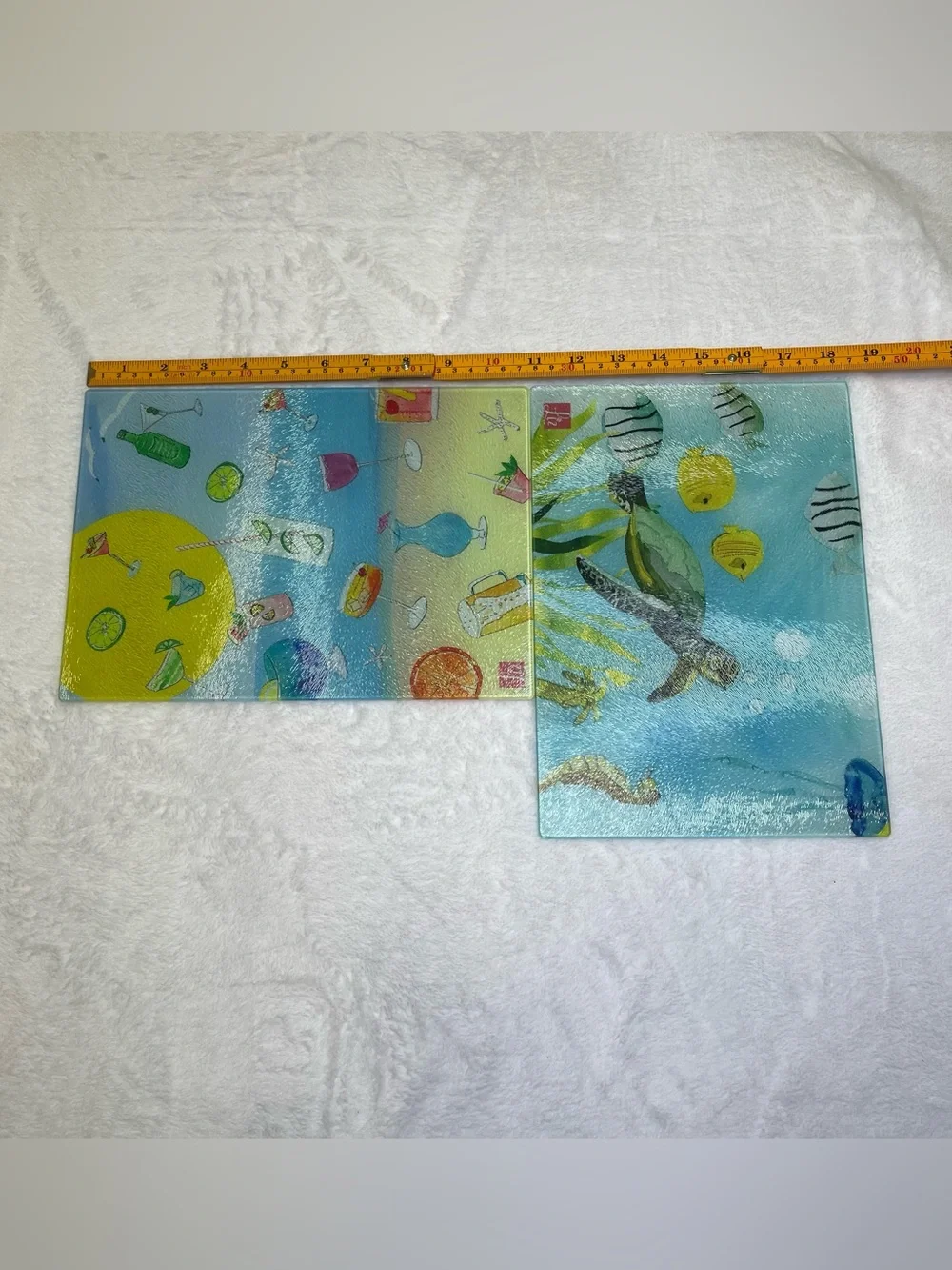 Liz Lind Tempered Glass Cutting Board Set & Matching Coasters Coastal Sea Turtle